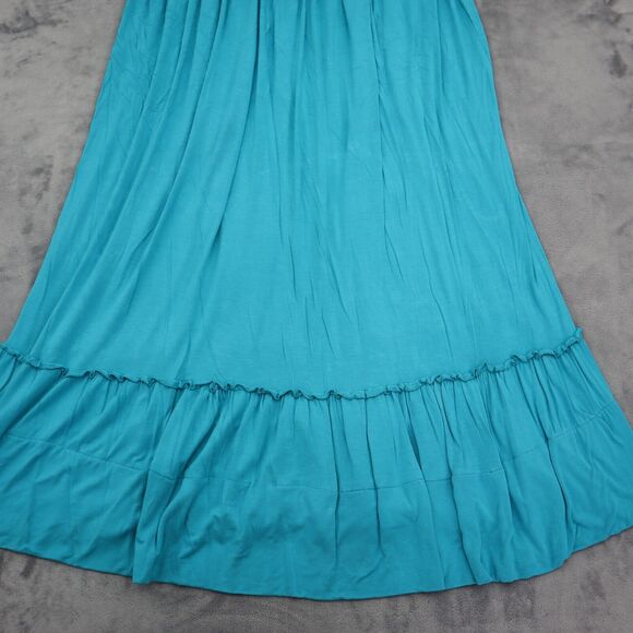 Charming Charlie Dress M Blue Long Fit Flare Sleeveless Pleated Knit Stretch - Picture 15 of 16